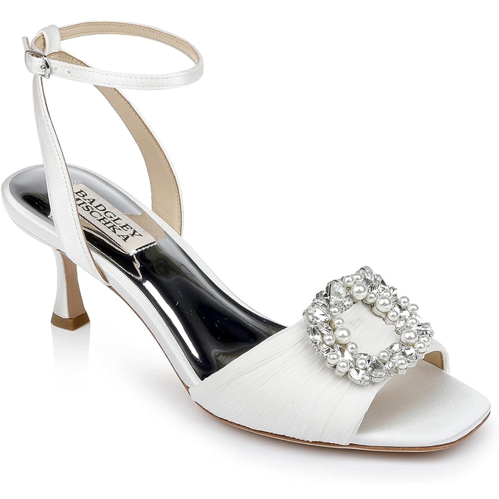 Badgley Mischka White Satin Heels with Embellished Buckle